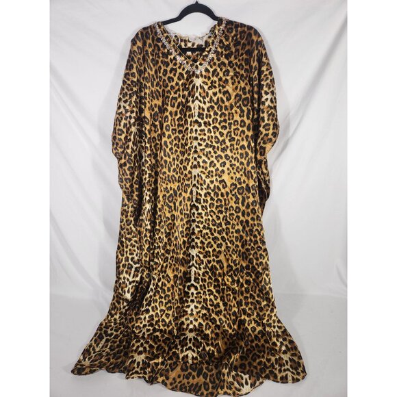 Vintage Sante Womens Satin Kaftan Muumuu Beaded Leopard Print Retro One Size - Picture 1 of 3